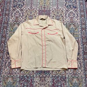 VTG 70s Van Cort Mens Tan Western Pearl Snap Shirt Red Piping Smile Pockets L